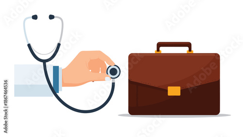 A doctor's hand holding a stethoscope to a business briefcase, symbolizing a financial check-up or corporate health analysis.