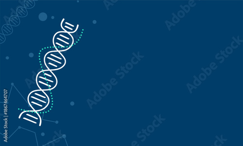 A minimalist design featuring a DNA strand on the left side, set against a dark blue background with subtle graph lines and circular elements, leaving ample empty space on the right for text