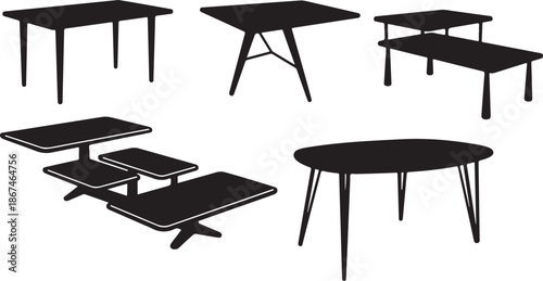 Collection of modern black tables in various shapes and sizes