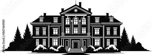 Grand classic mansion silhouette with symmetrical facade tall windows and formal landscape creating an elegant historic estate scene.
