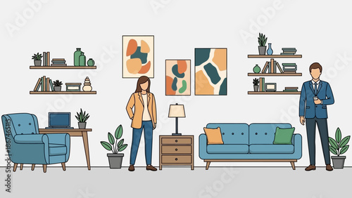 Modern Living Room Interior with Abstract Art and People