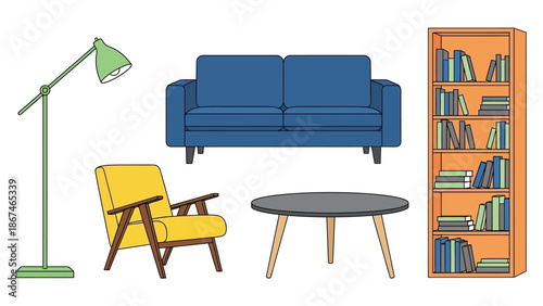Modern Living Room Furniture Set: Sofa, Armchair, Lamp, Coffee Table, Bookshelf