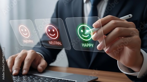 Businessman Selecting Happy Emoji on Laptop in Office