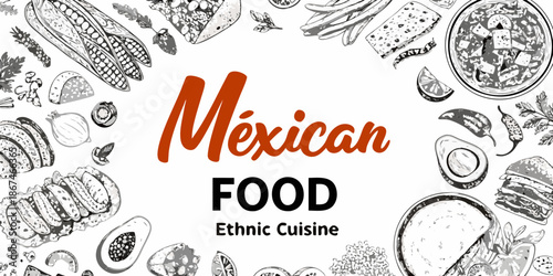 A vibrant illustration showcasing a diverse array of traditional mexican food items