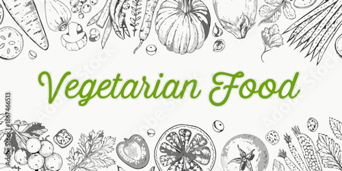 A botanical illustration showcasing a variety of fresh vegetarian produce