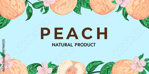 A beautiful floral illustration featuring peaches and blossoms on a pale background