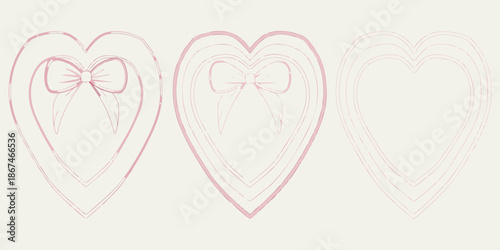 Sketch of three hearts with varying detail including a bow on two