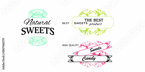 Assorted vintage sweet treat logos and designs in pastel shades