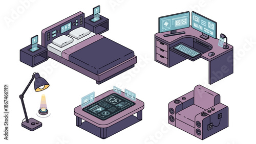 Futuristic Bedroom and Office Setup, Isometric View
