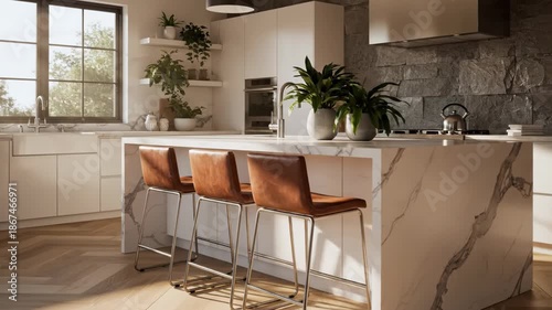 Modern kitchen interior with marble island and brown leather bar stools in a bright and airy room with plants
