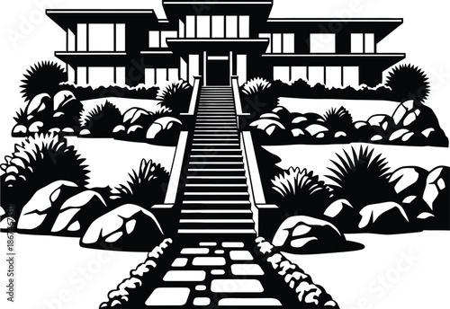 Modern luxury villa silhouette with long stone stairway landscaped garden and symmetrical exterior for real estate poster,print,and branding.