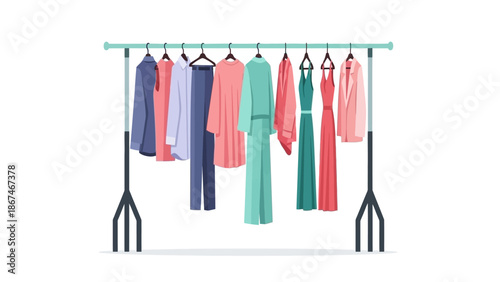 Fashionable women's clothing rack, elegant dresses and suits