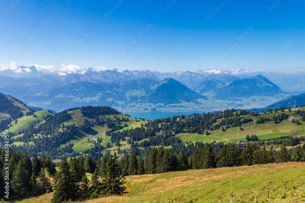Obraz premium Picturesque view of the Swiss Alps and lake from Rigi mountain, Switzerland