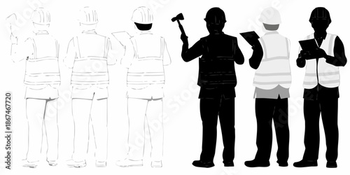 Construction workers in various poses and outline styles with safety vests