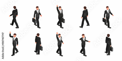 Isometric businessmen walking in different poses with briefcases a vector illustration