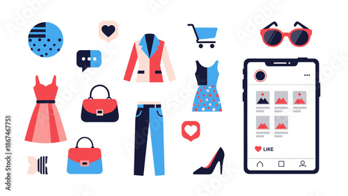 Online Shopping Fashion Icons: Mobile App, Clothes, Bags, Shoes