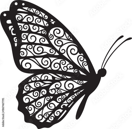 Black and white butterfly silhouette with intricate swirl patterns on wings 2