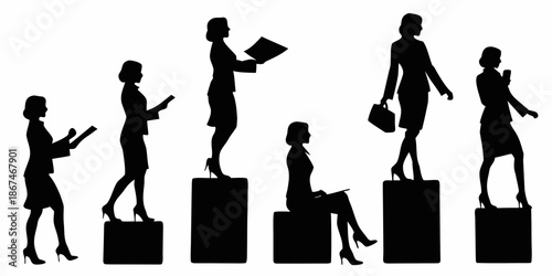 Silhouette of women in business attire on ascending platforms