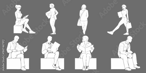 Diverse group of people in casual and professional attire sketched in black and white