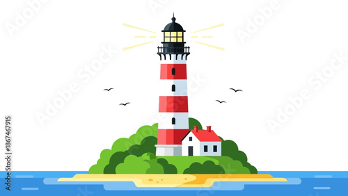 Lighthouse on Island Guiding Ships with Light Beam