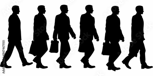 A line of silhouetted businessmen walking carrying briefcases in a city environment