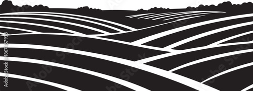 Black and White Illustration of Rolling Hills Landscape