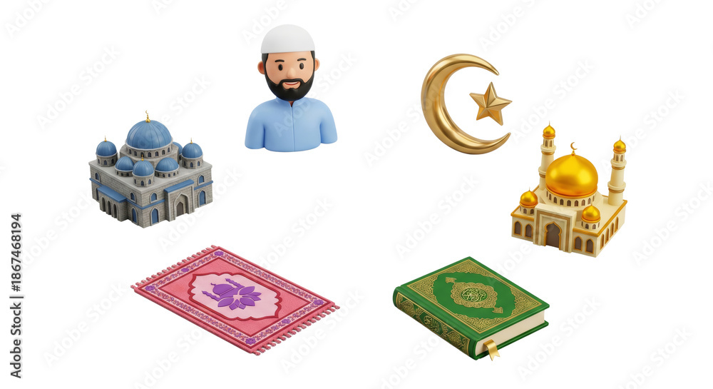 Fototapeta premium Islamic Symbols: Mosque, Quran, Prayer Mat, Man, Crescent Moon and Star