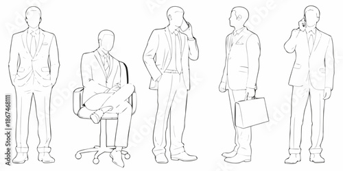 Fashion illustration of men in suits showcasing various poses and business attire