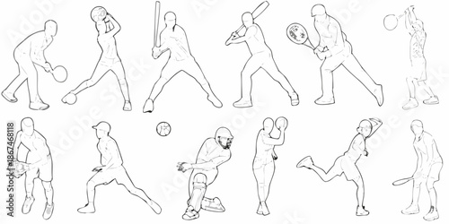 Line art illustration depicting various athletic poses of cricket and baseball players