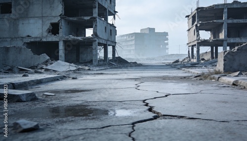 Abandoned City Street With Destroyed Buildings
