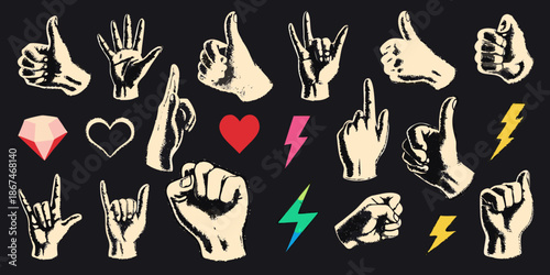 Variety of hand gestures symbols and icons in a vintage style design