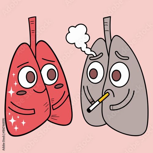 cartoon illustration contrasts healthy and damaged lungs: the bright red lungs on the left look happy and clean, while the gray lungs on the right appear sad and smoky from cigarette use.