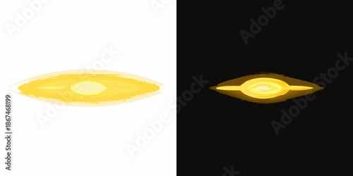 A split image displaying a glowing yellow eye against white and black backgrounds