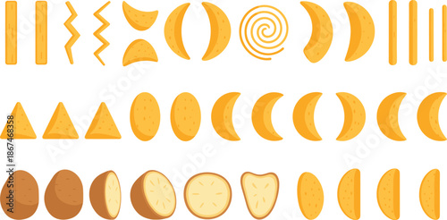 Potato snack icon collection featuring colorful vector designs of french fries chips wedges and curls for fast food menus and junk food.