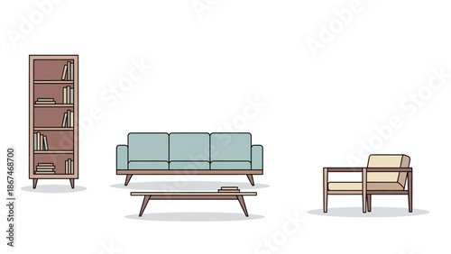 Modern Living Room Furniture: Sofa, Armchair, Bookshelf, Coffee Table