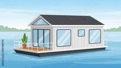 Modern Houseboat Floating on Blue Water