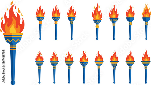 Olympic torch icon collection featuring colorful vector designs of blue handles with orange flames for sports competitions ceremonial events and ancient traditions.