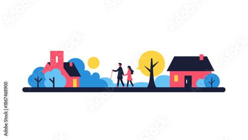 Couple walking in a stylized village with houses and trees