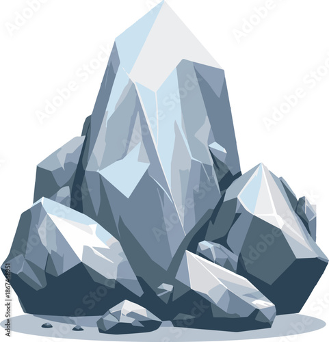 Large faceted blue ice crystal or mineral rock formation vector element isolated on clean white background illustration
