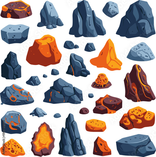 Collection of fiery magma rocks and gray stones depicting various cartoon geological formations for graphic design resources.