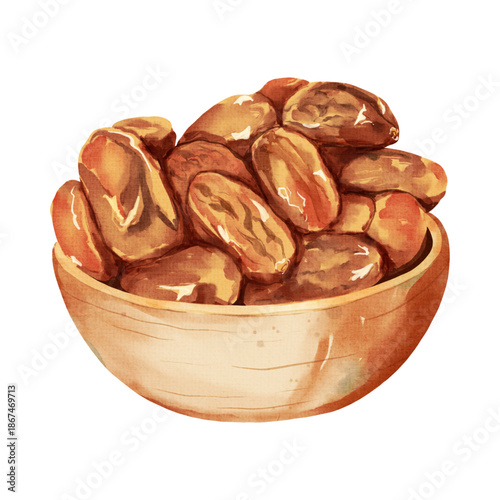 Watercolor style illustration of dried dates in a wooden bowl.