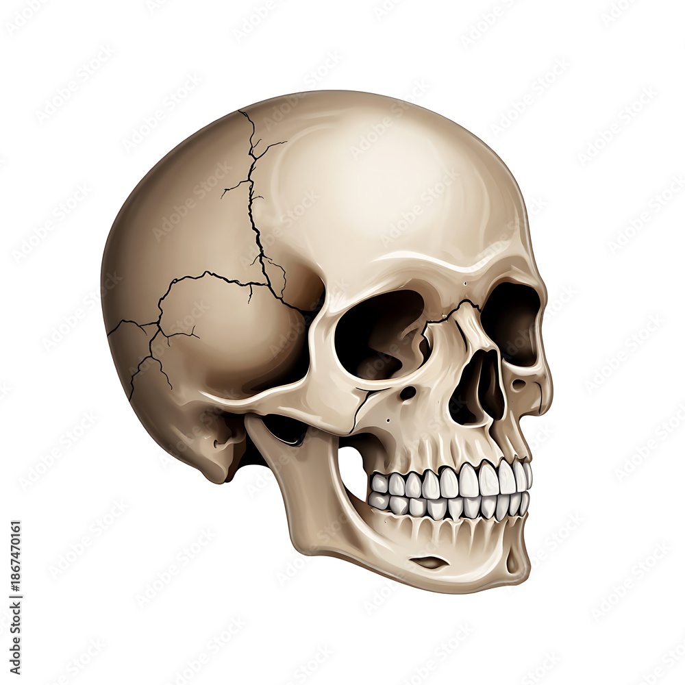 Fototapeta premium Human Skull Illustration with Cracks Isolated on White Background