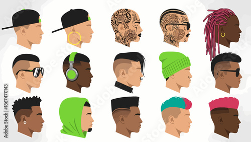 Diverse Male Portrait Icon Set Featuring Various Headwear and Accessories Profile