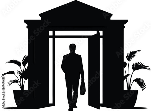A silhouetted figure walks through an open doorway of a classical building