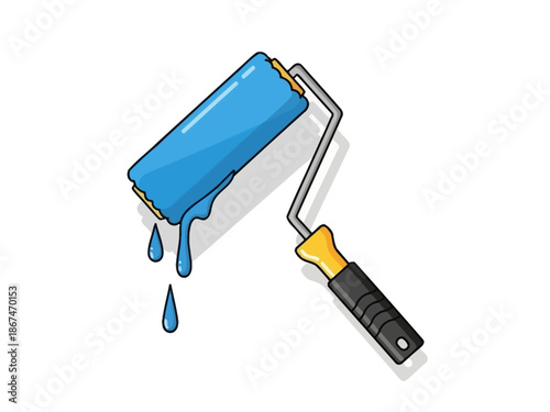 A blue paint roller dripping paint against a white background, representing painting and renovation