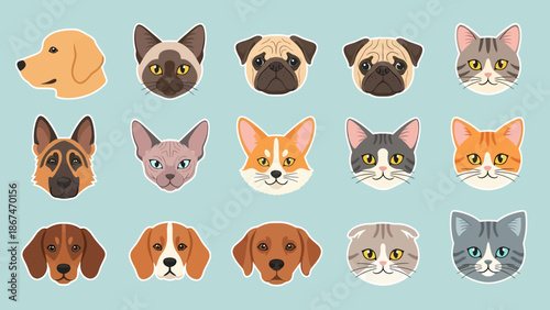 Collection of Animal Faces Icon Set Featuring Dogs and Cats in Various Breeds as Portrait Icon for Profile
