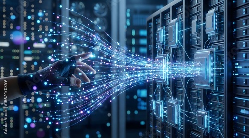 Futuristic hand interacting with data server network,visualizing digital data streams,AI and big data concept in modern technology environment
