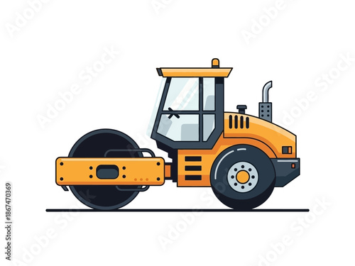 Illustration of a yellow steamroller, a construction vehicle for road work and infrastructure projects