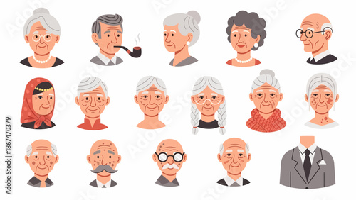 Collection of diverse elderly icons in various portrait styles, showcasing profile views and different professions, presented in a clean and modern illustration format