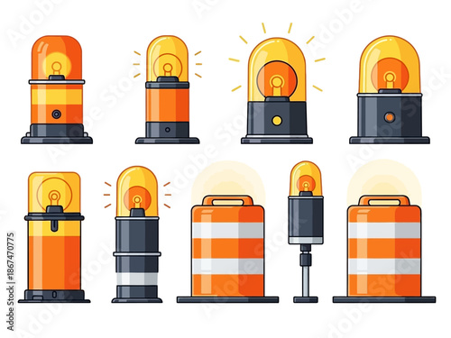 Traffic safety icons set featuring orange warning lights and barricades for construction sites and road work